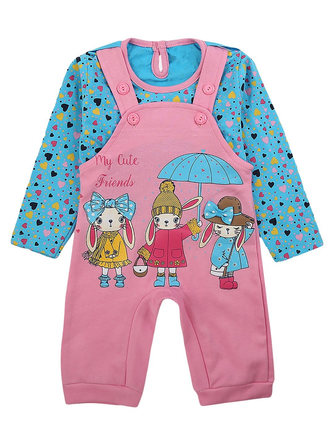 

V-Mart Kids Pink & Blue Printed T-shirt with Dungaree