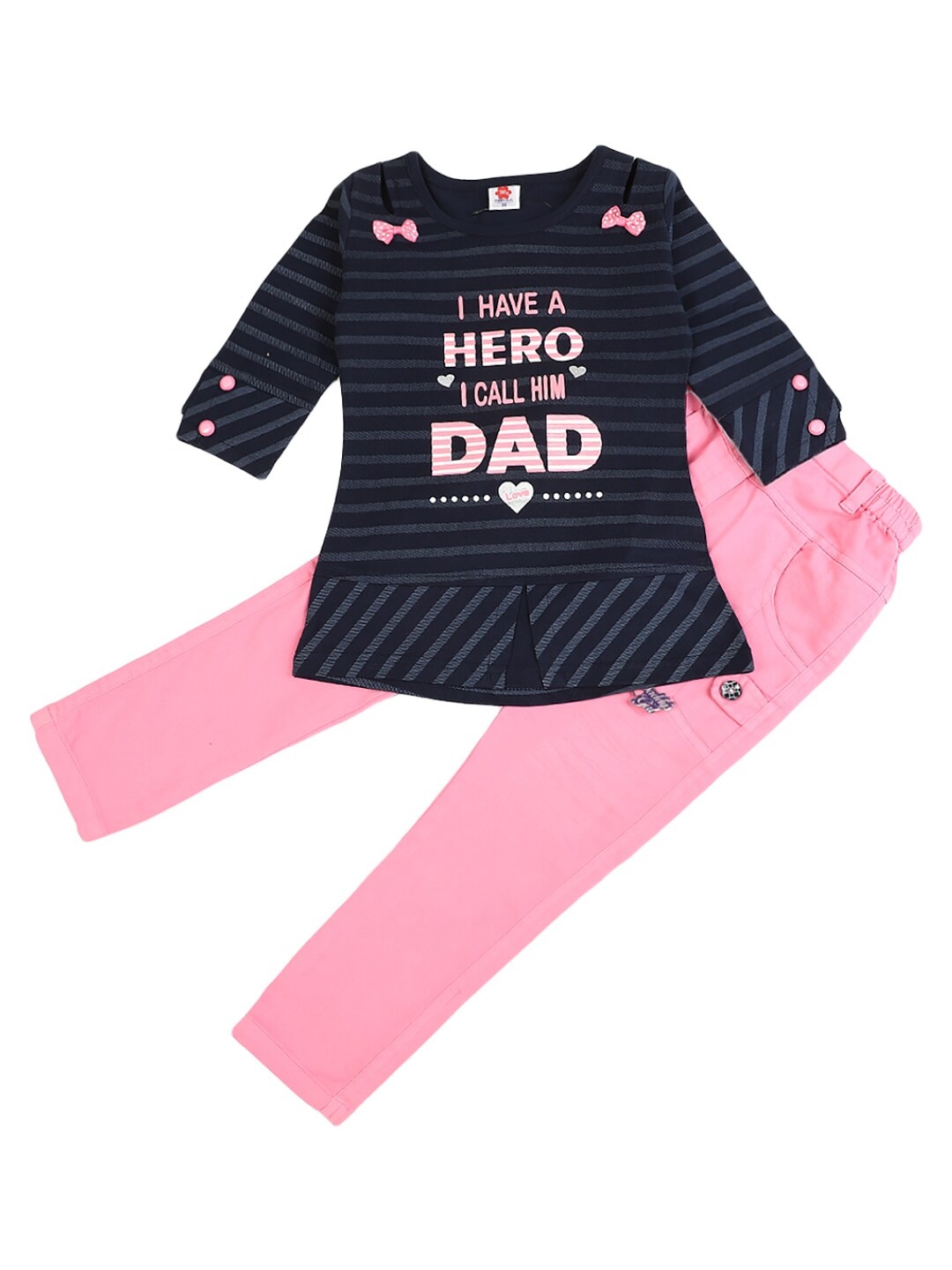 

V-Mart Girls Navy Blue & Pink Printed Pure Cotton Top with Trousers