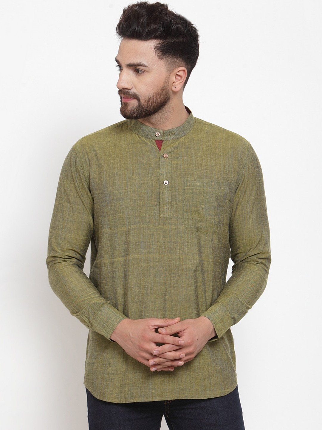 

NEUDIS Men Green Thread Work Handloom Kurta