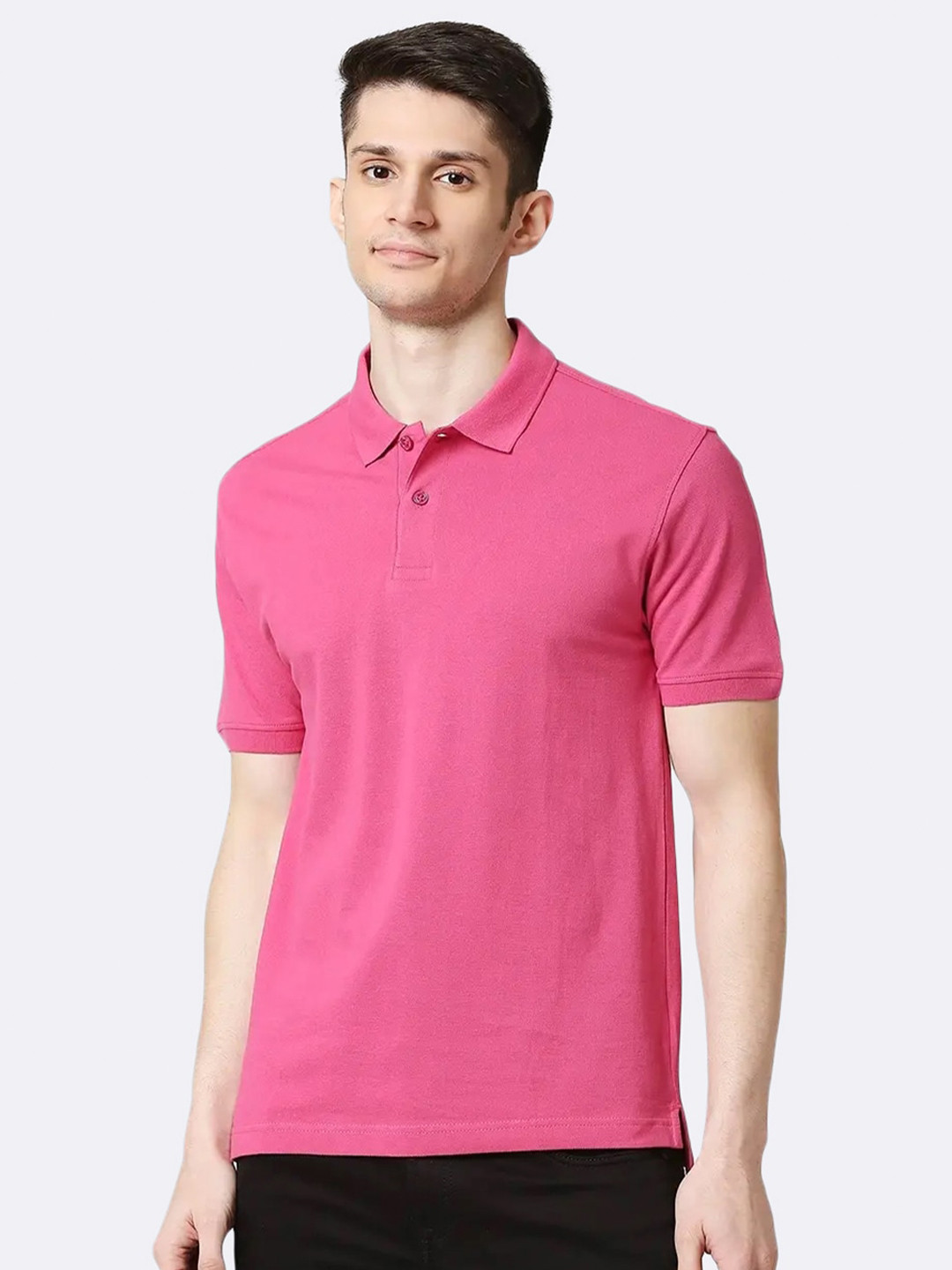

Bewakoof Men Pink Solid Polo Collar Cotton T-shirt