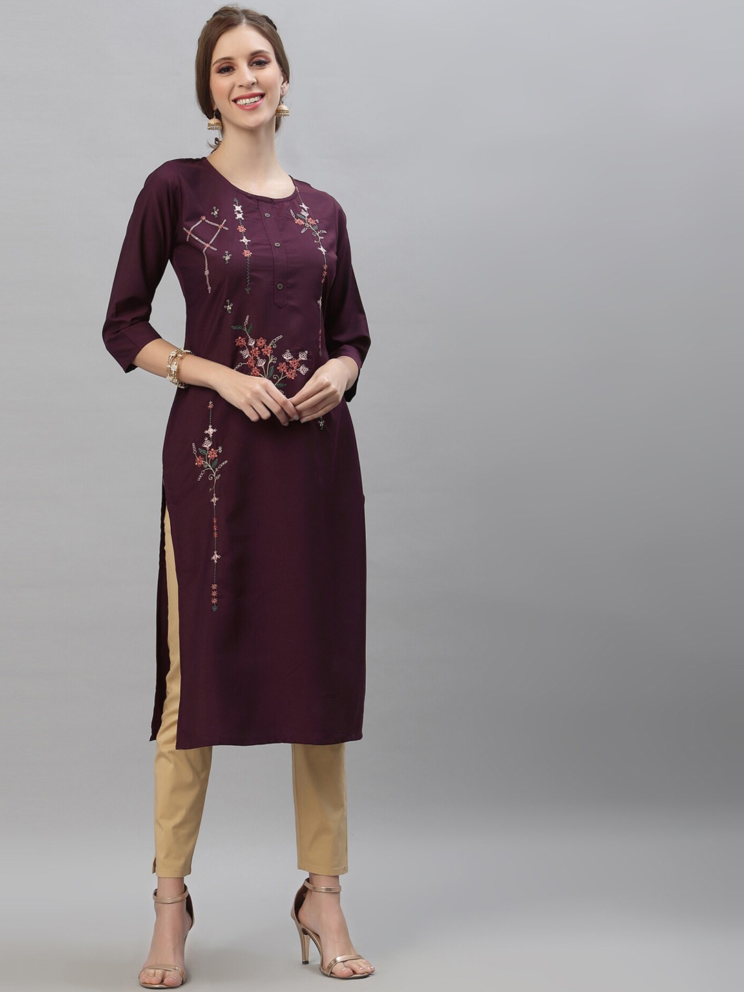

SANISA Women Purple Floral Embroidered Kurta
