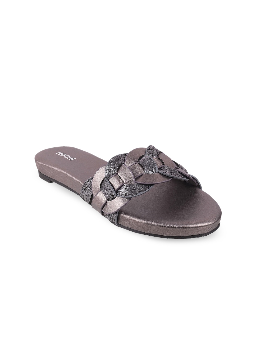

Mochi Women Grey Textured Open Toe Flats