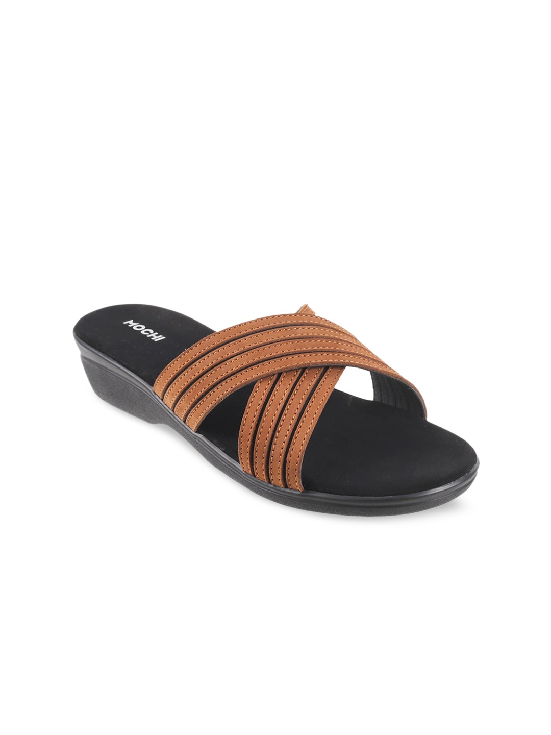 

Mochi Women Tan Brown Striped Open Toe Flats