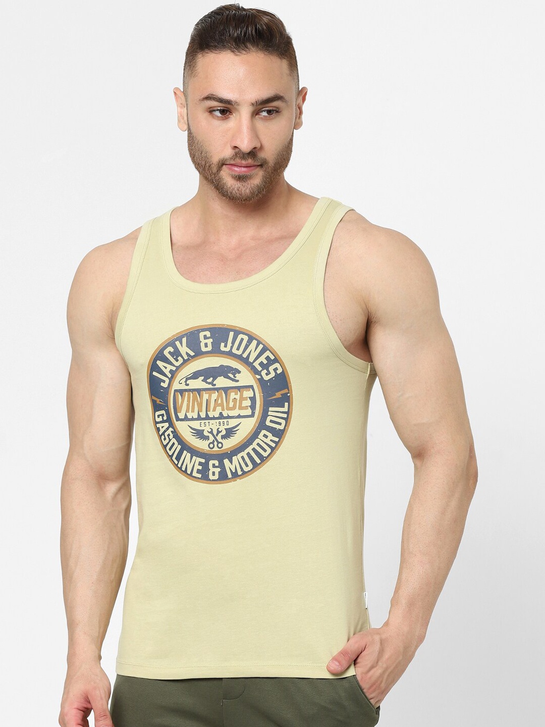 

Jack & Jones Men Green & Navy Blue Printed Cotton Innerwear Vest