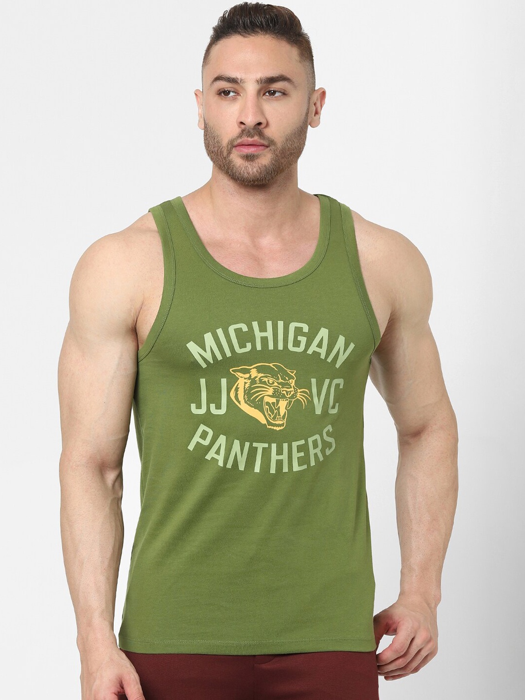 

Jack & Jones Men Green & Yellow Printed Cotton Tank Vest