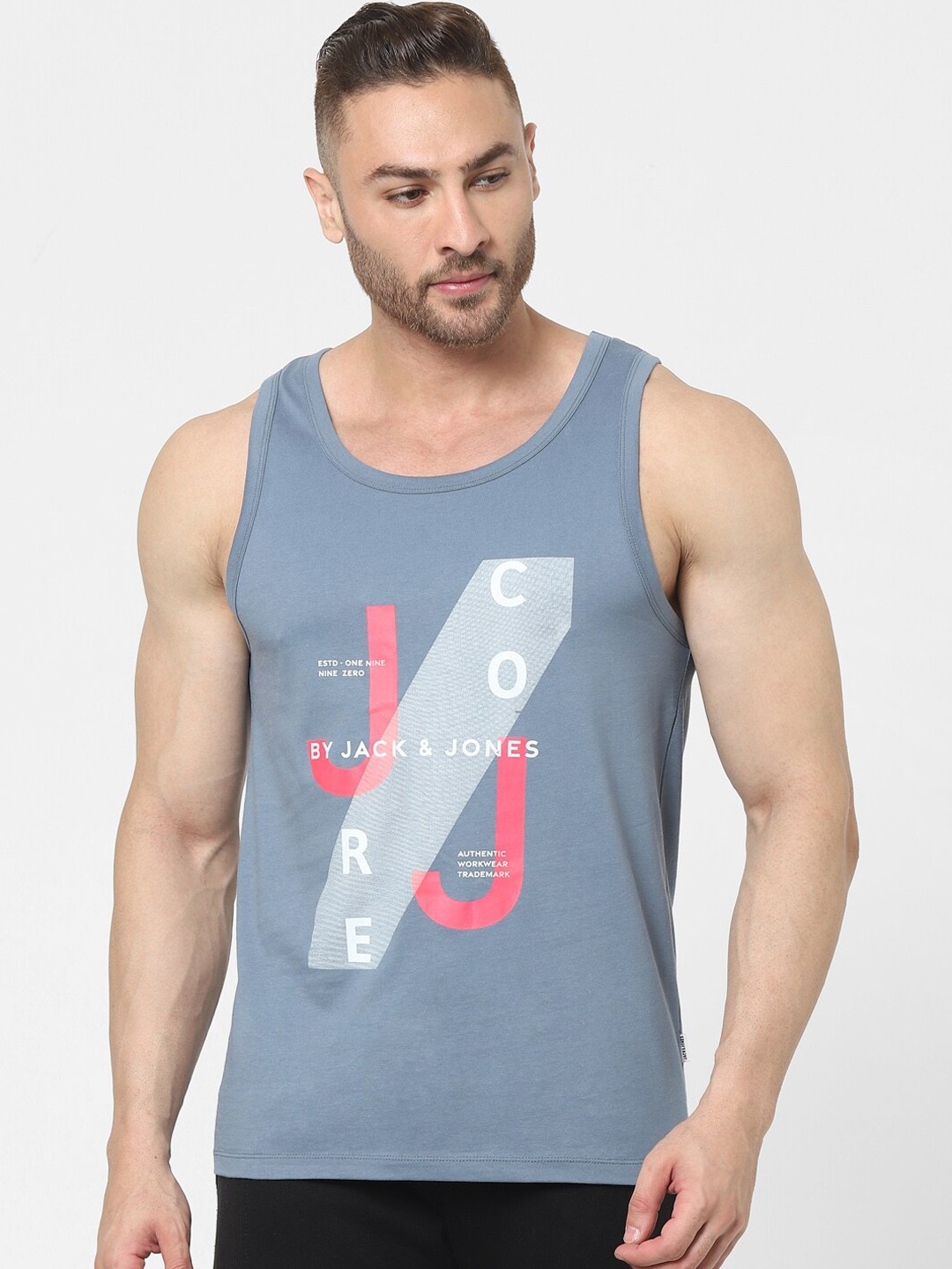 

Jack & Jones Men Blue & Pink Printed Cotton Innerwear Tank Vest