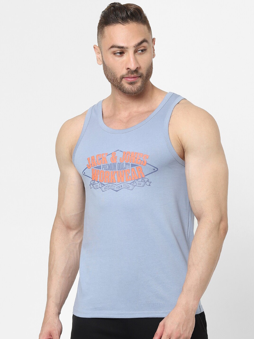 

Jack & Jones Men Blue Printed Cotton Innerwear Tank Vests