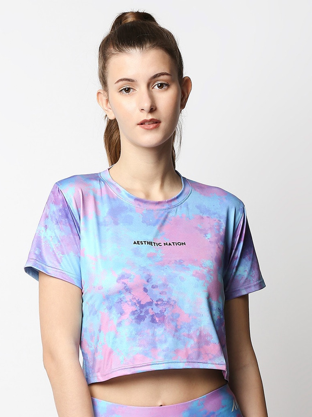 

AESTHETIC NATION Women Pink & Blue Printed Antimicrobial Boxy T-shirt
