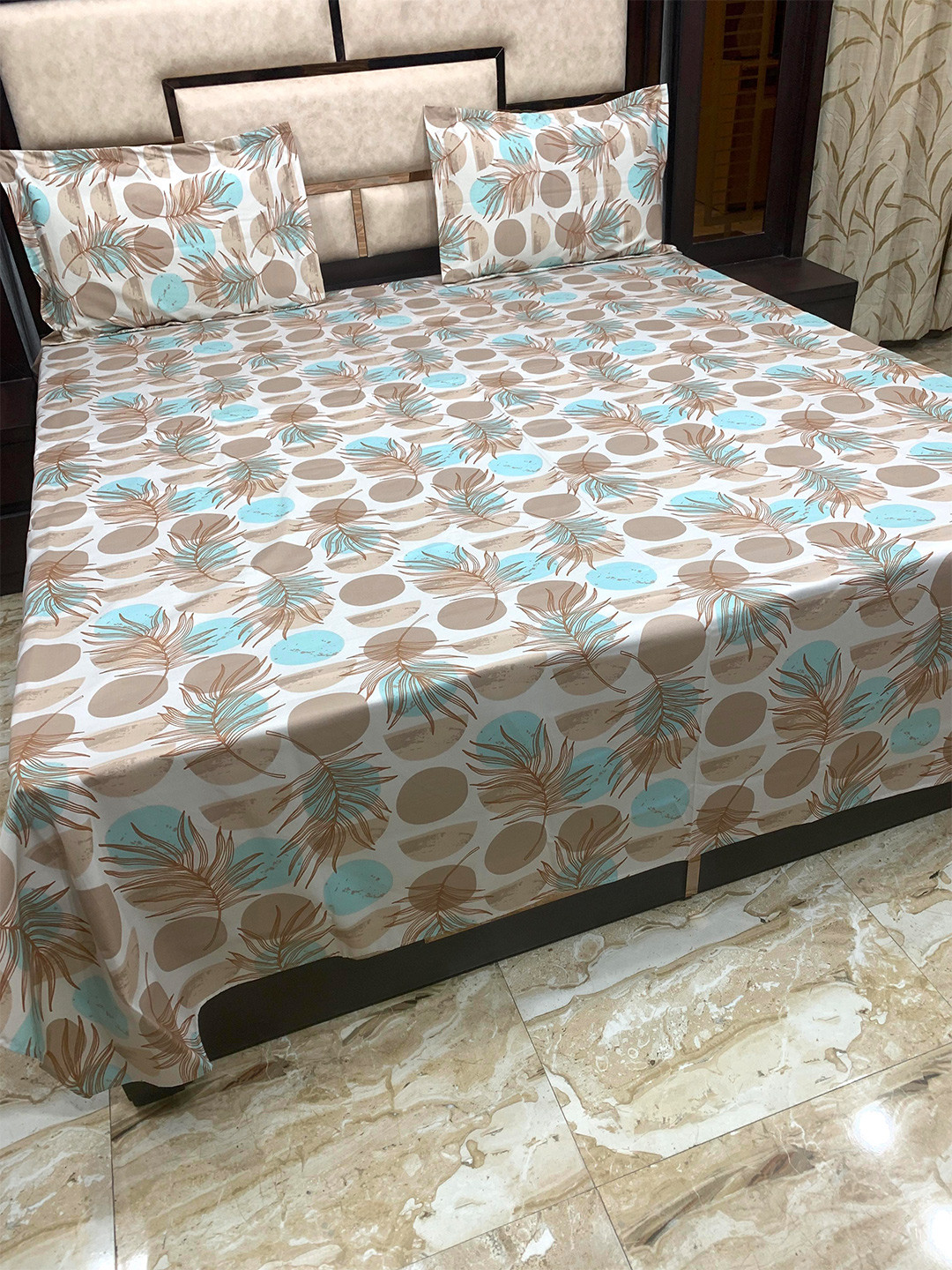 

Pure Decor Brown & Blue Floral 300 TC Queen Pure Cotton Bedsheet with 2 Pillow Covers
