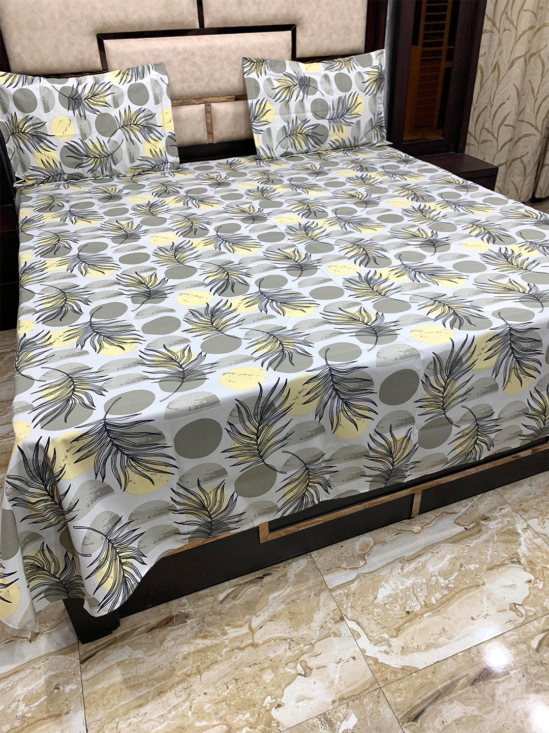 

Pure Decor Grey & Yellow 300 TC Pure Cotton Passion Queen Bedsheet with 2 Pillow Covers