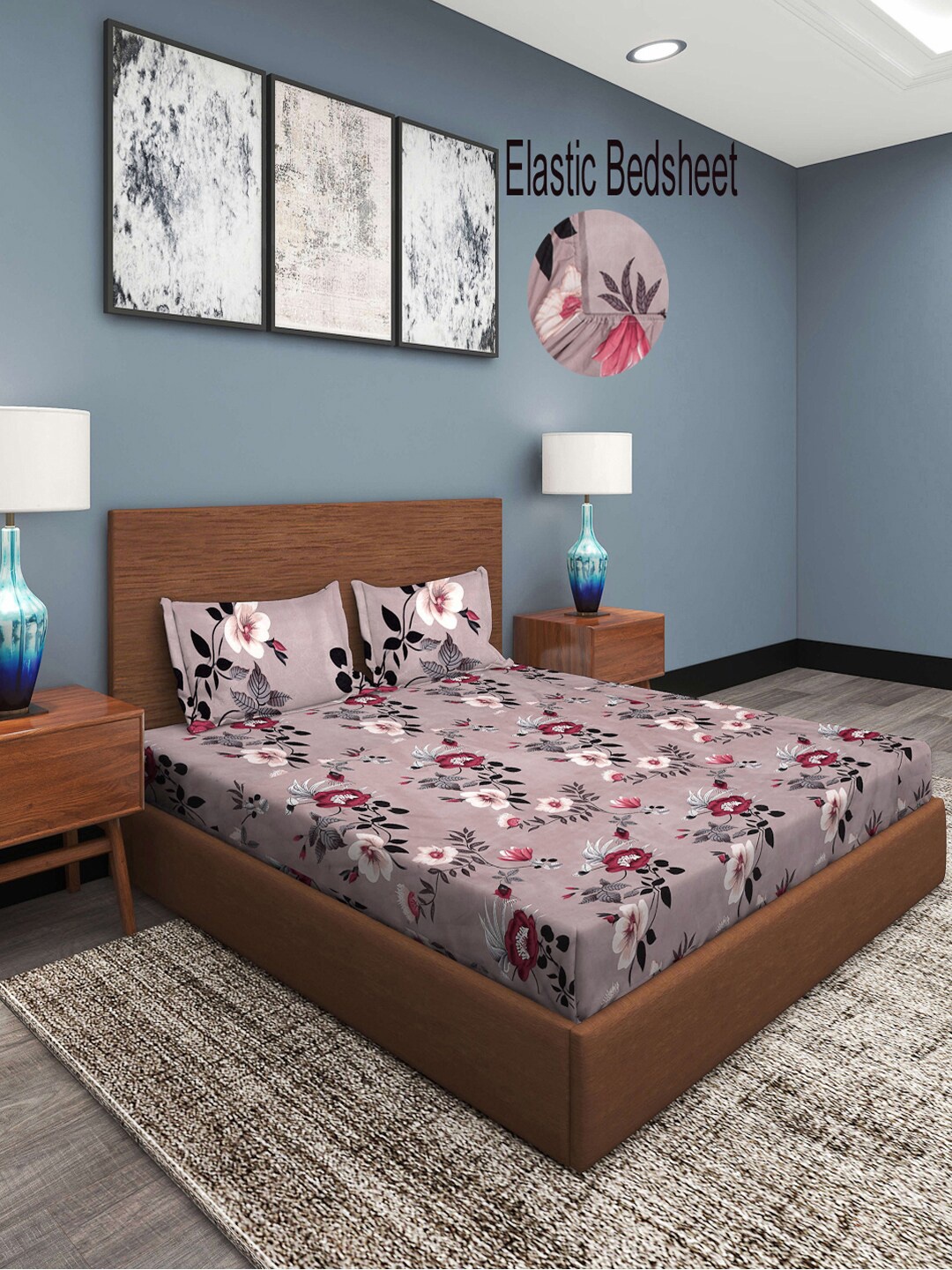 

KLOTTHE Purple & Pink Floral 300 TC Fitted Double Bedsheet with 2 Pillow Covers