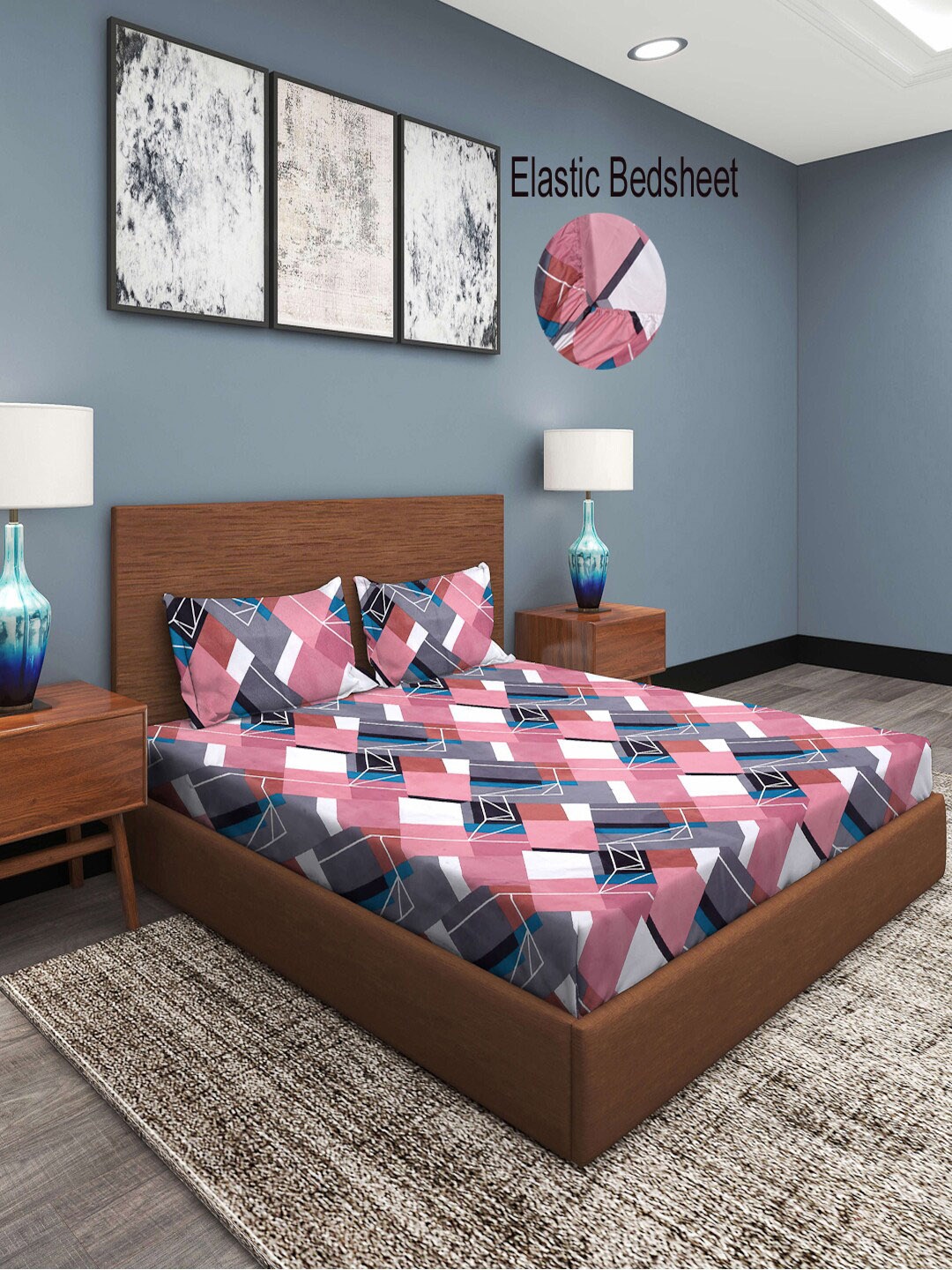 

KLOTTHE Pink & Blue 300 TC Fitted Super King Double Bedsheet with 2 Pillow Covers