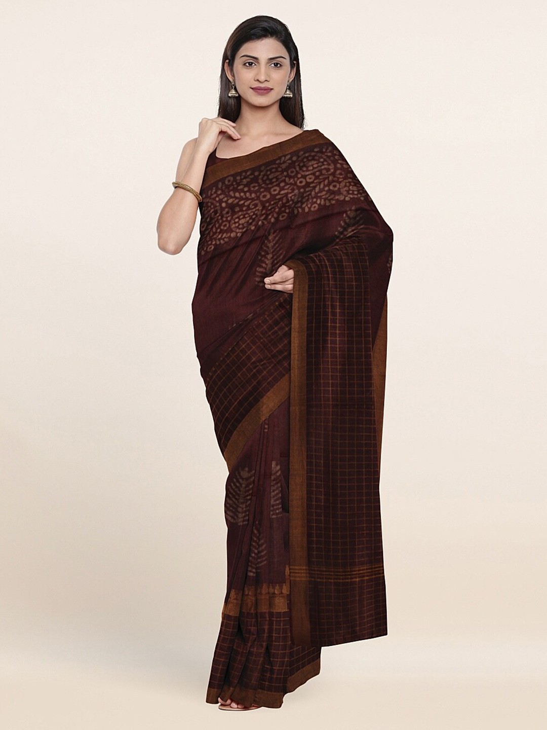 

Pothys Purple & Gold-Toned Floral Zari Jute Cotton Saree