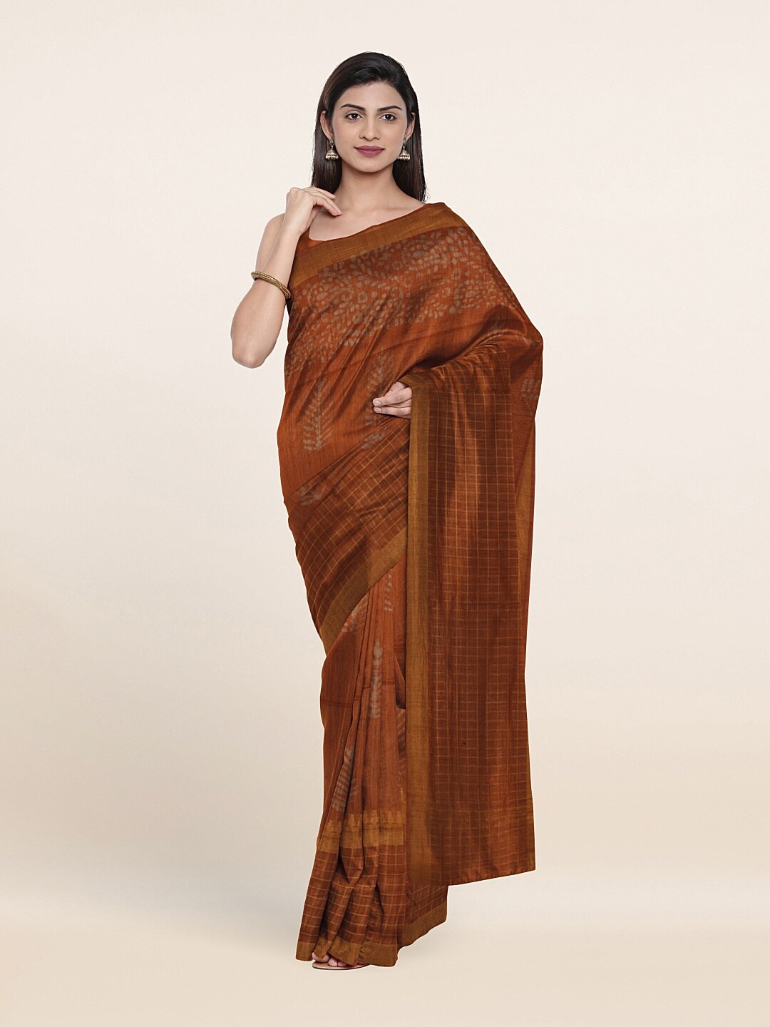 

Pothys Brown & Mustard Batik Zari Jute Cotton Saree