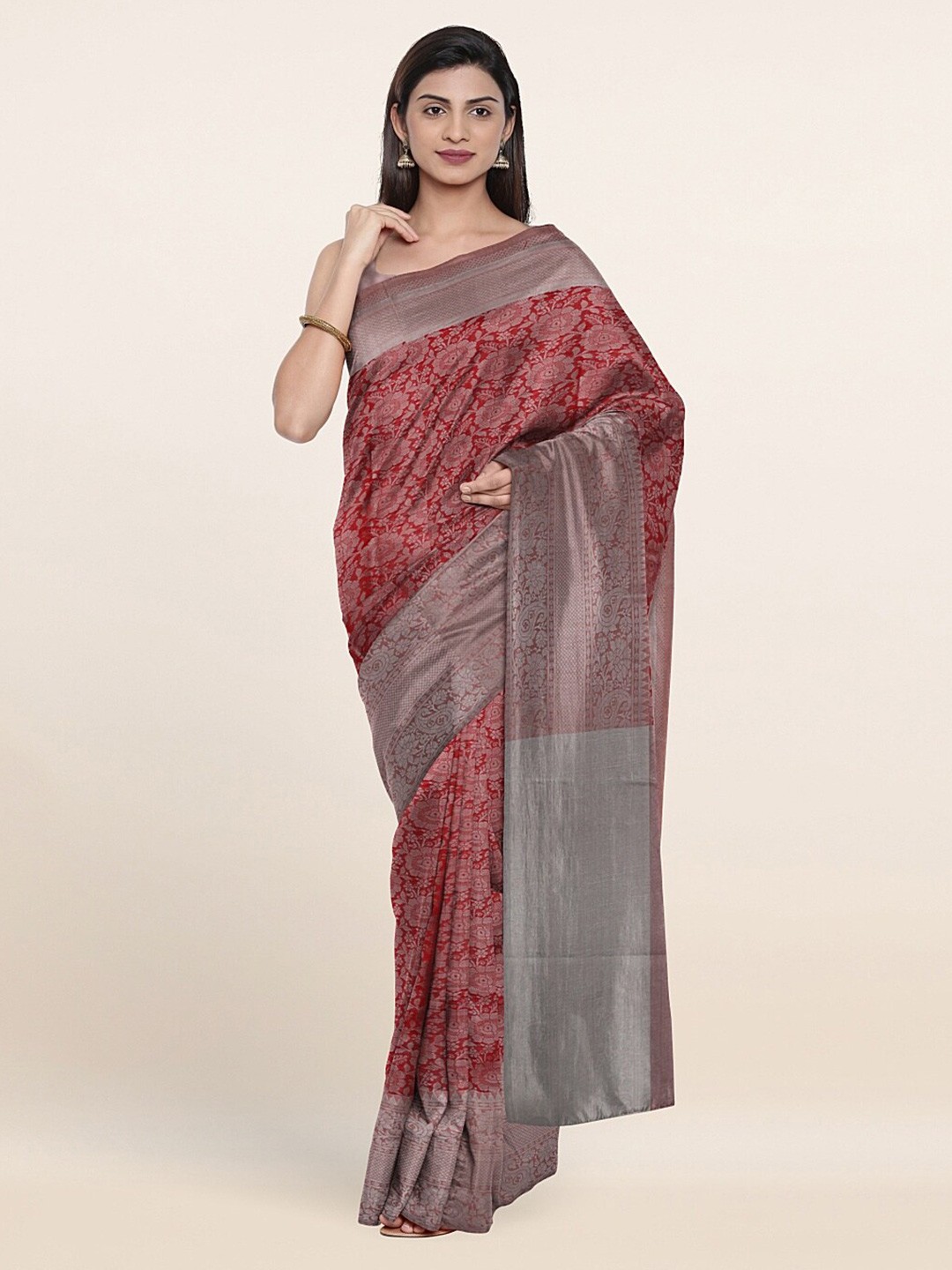 

Pothys Red & Grey Floral Printed Art Silk Saree