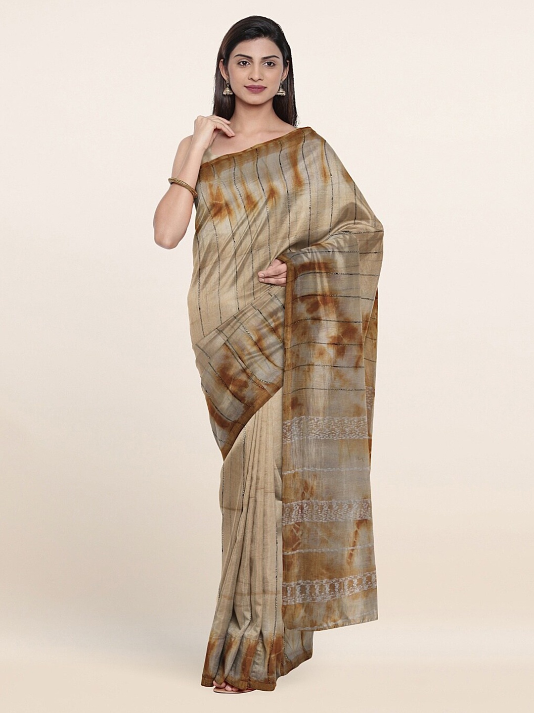 

Pothys Cream-Coloured & Brown Zari Jute Cotton Saree