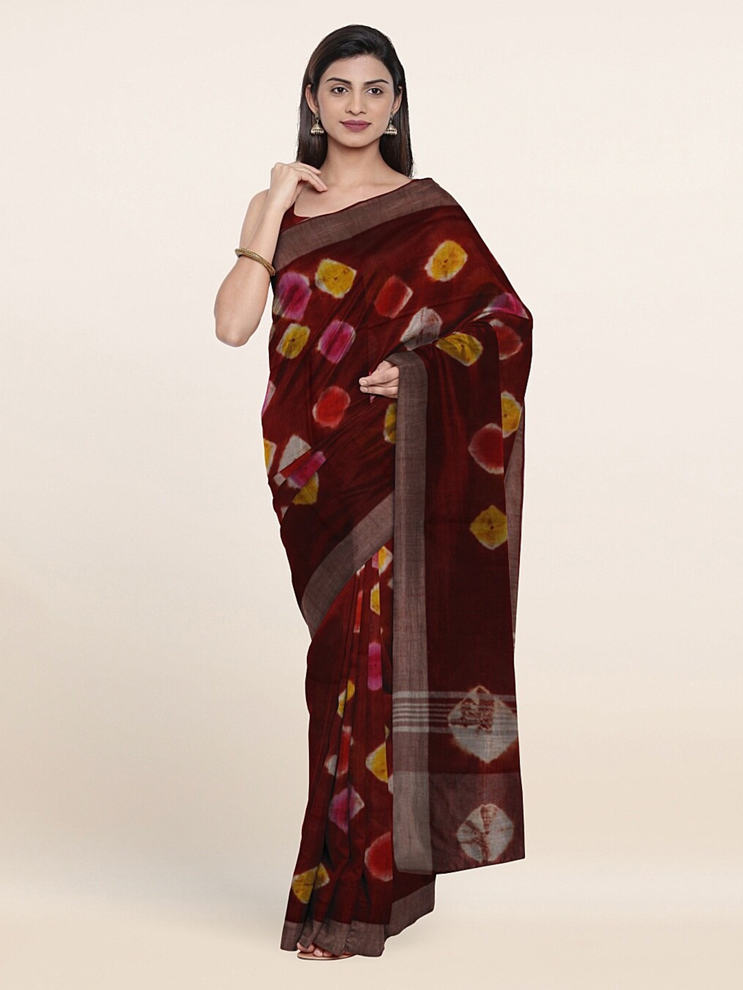 

Pothys Brown & Mustard Zari Jute Cotton Saree