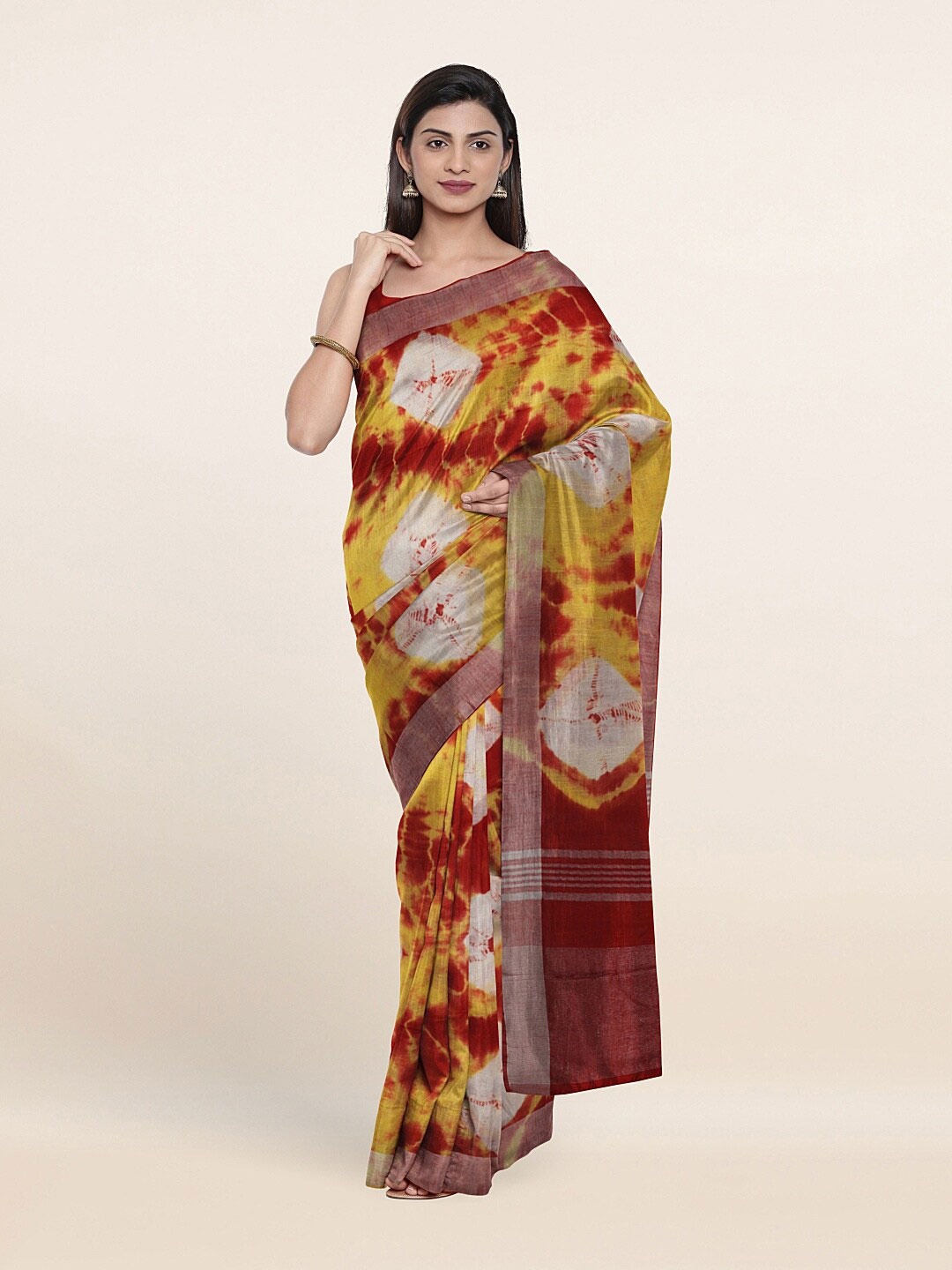 

Pothys Maroon & Silver-Toned Batik Zari Jute Cotton Saree