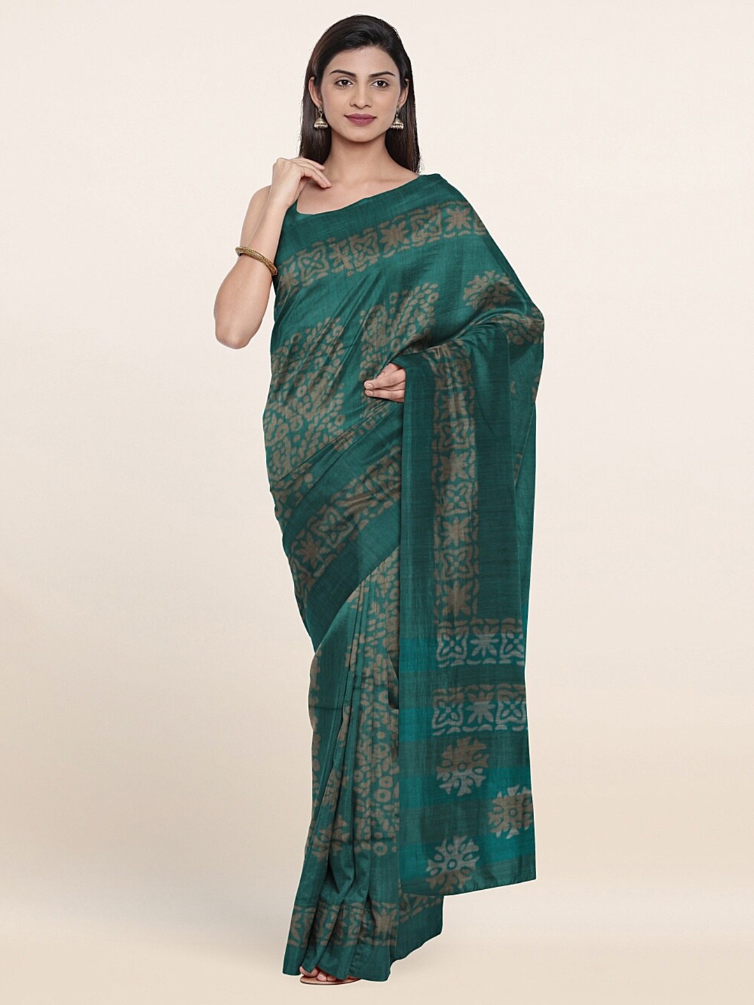 

Pothys Green Floral Zari Jute Cotton Saree