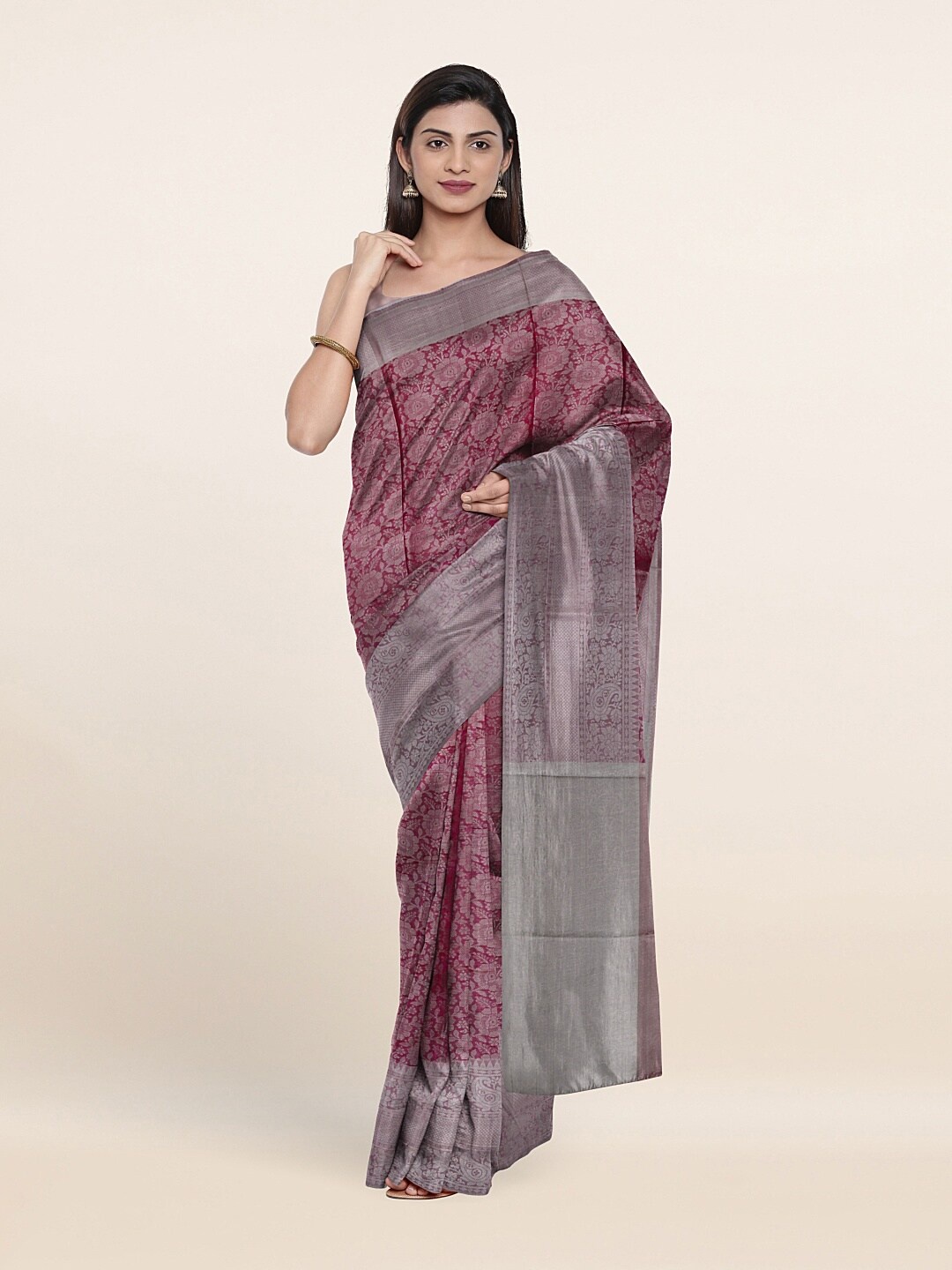 

Pothys Pink & Silver-Toned Floral Printed Art Silk Saree