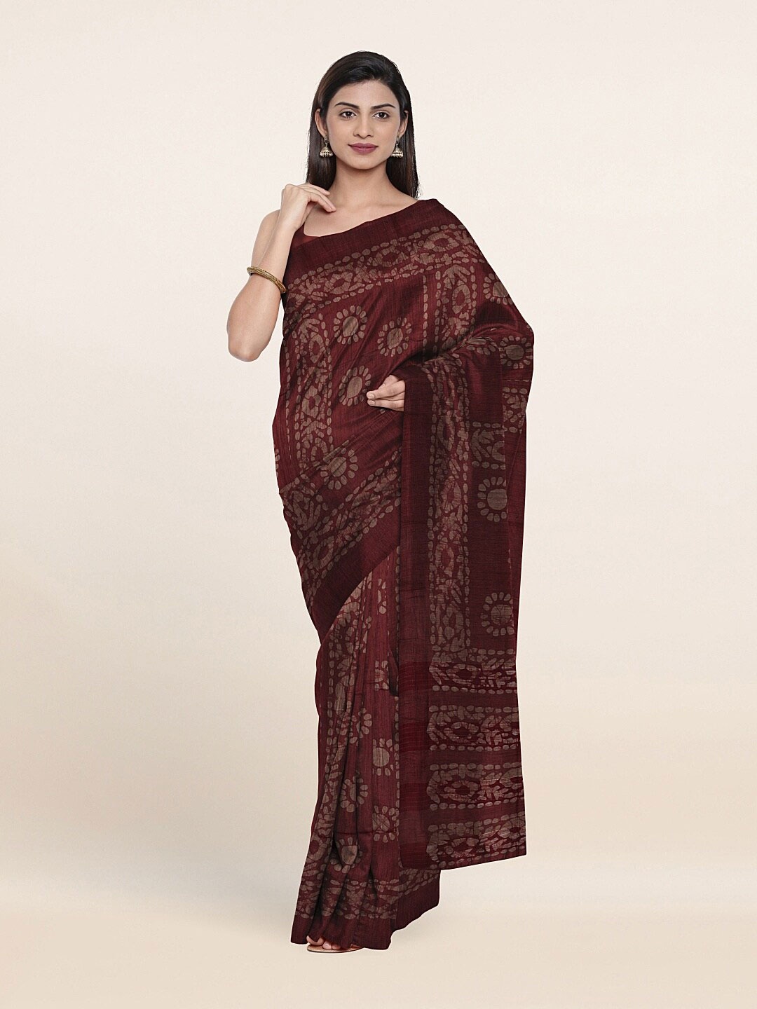 

Pothys Maroon & Silver-Toned Floral Printed Jute Cotton Saree