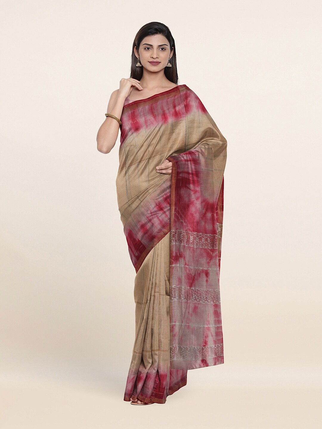 

Pothys Pink & Beige Tie and Dye Zari Jute Cotton Saree