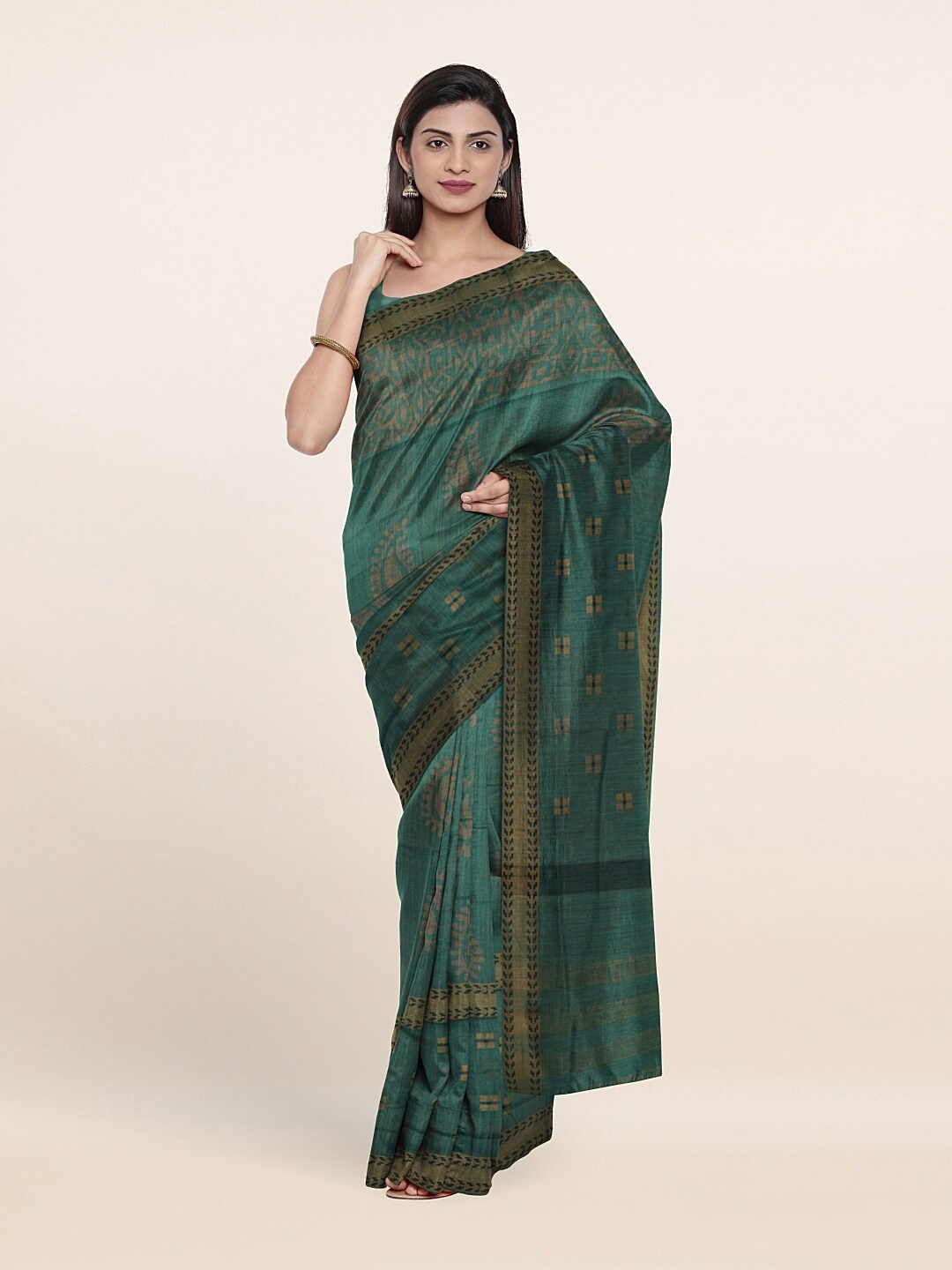 

Pothys Green & Beige Ethnic Motifs Zari Baswada Jute Cotton Saree