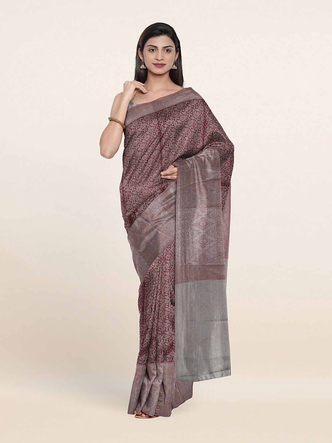 

Pothys Maroon & Grey Floral Zari Art Silk Saree