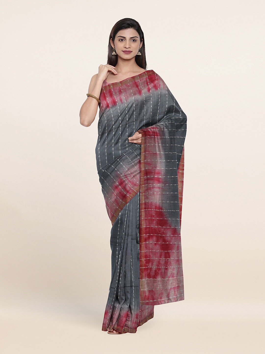

Pothys Grey & Red Striped Baswada Jute Cotton Saree