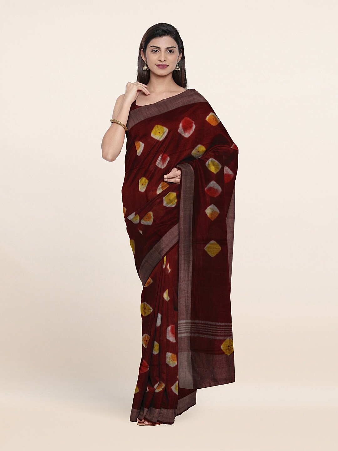 

Pothys Maroon & Yellow Tie and Dye Baswada Jute Cotton Saree