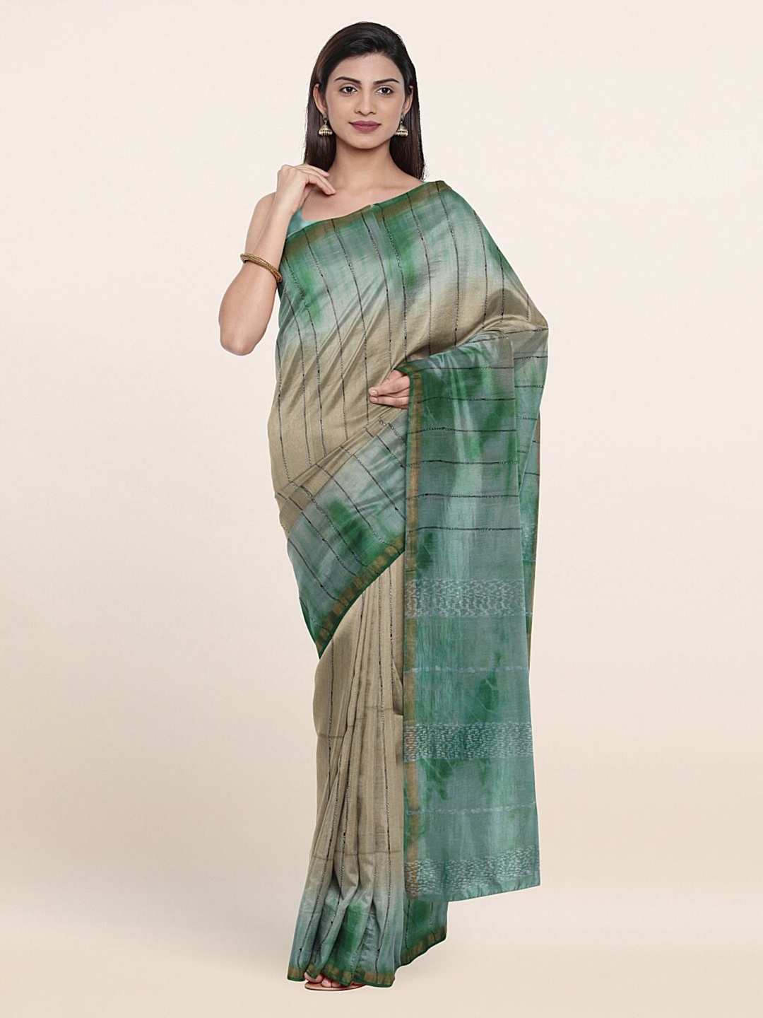 

Pothys Green & Beige Tie and Dye Baswada Jute Cotton Saree