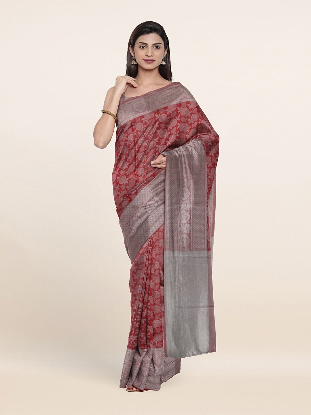 

Pothys Red & Silver Floral Art Silk Saree