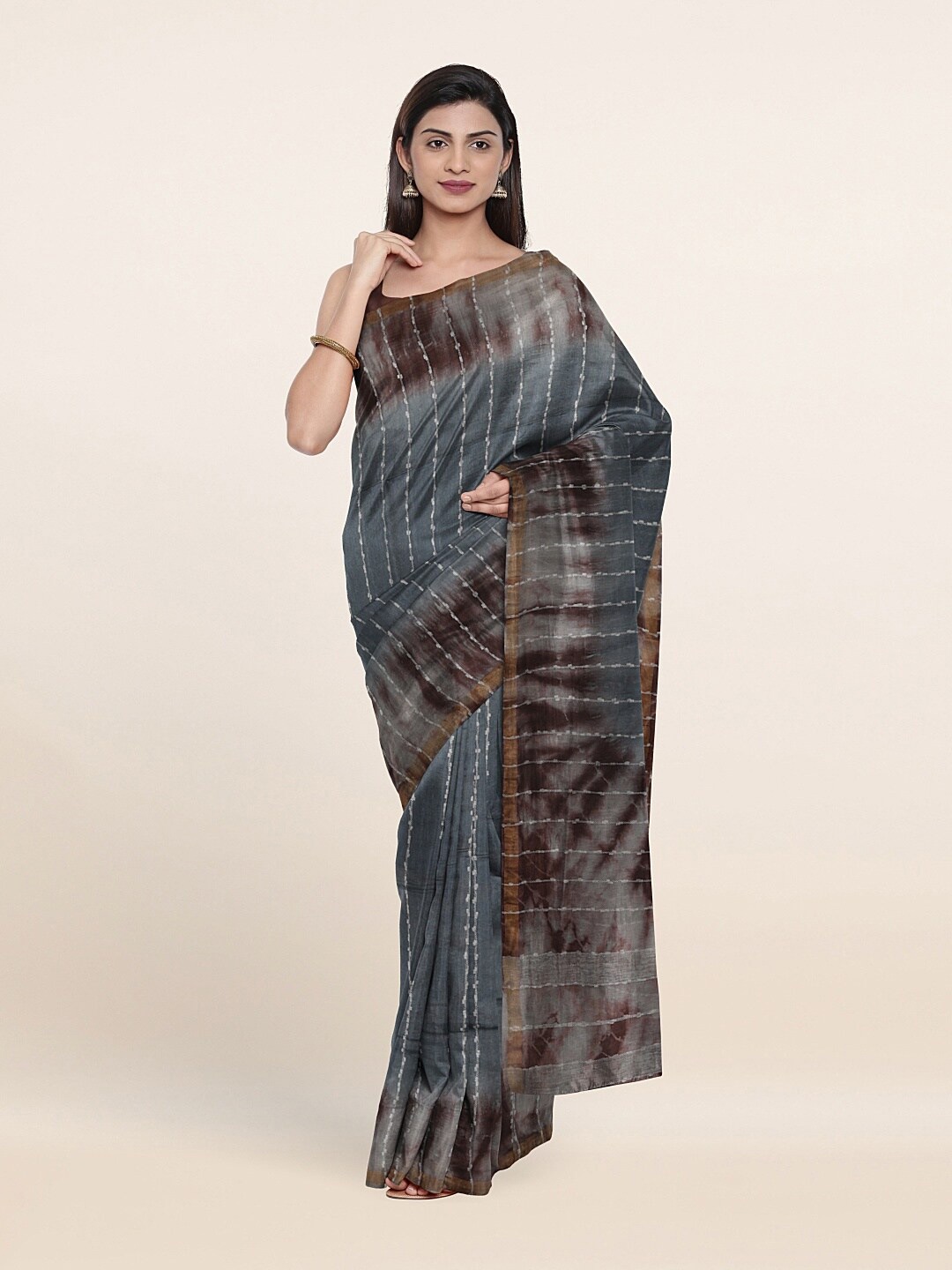 

Pothys Grey & Brown Striped Jute Cotton Saree