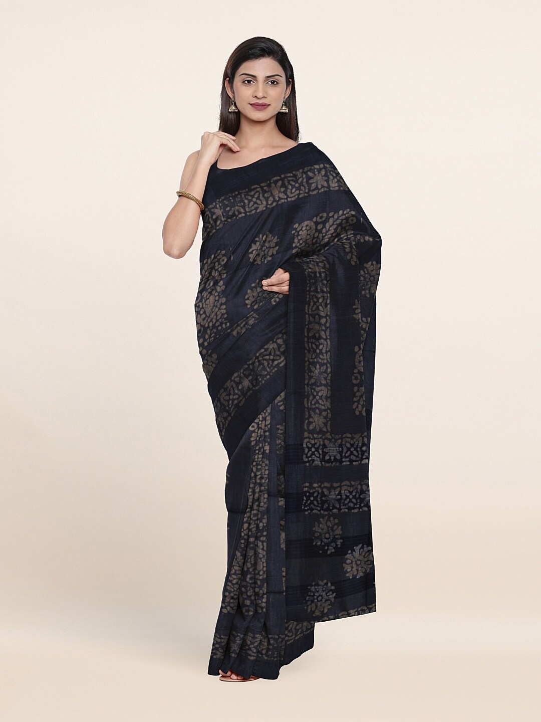 

Pothys Blue Batik Printed Jute Cotton Saree