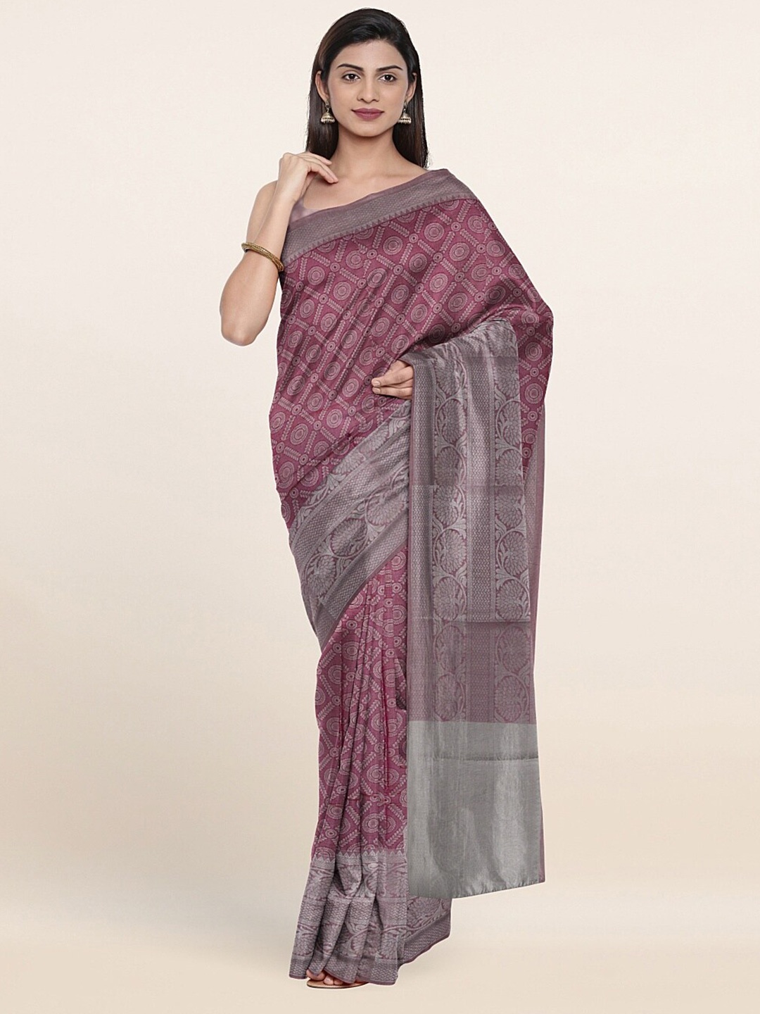 

Pothys Pink & Silver-Toned Woven Design Art Silk Saree