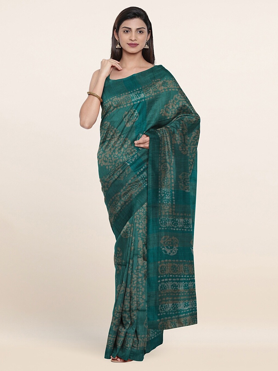 

Pothys Green & Cream-Coloured Batik Jute Cotton Saree
