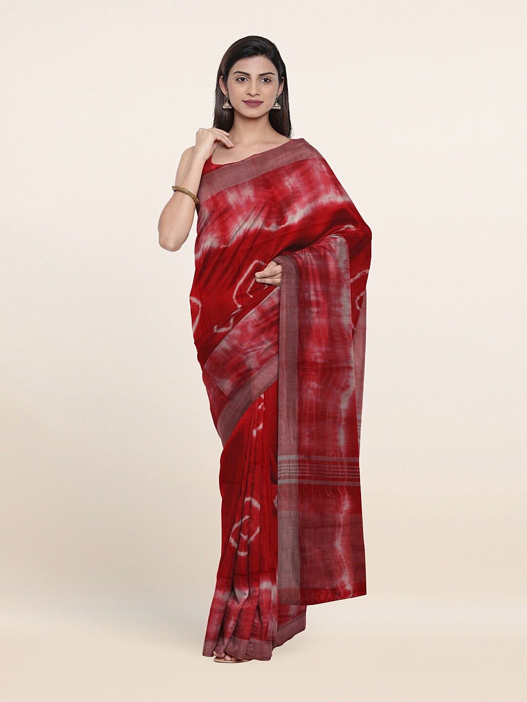 

Pothys Red & Silver-Toned Batik Printed Zari Jute Cotton Saree