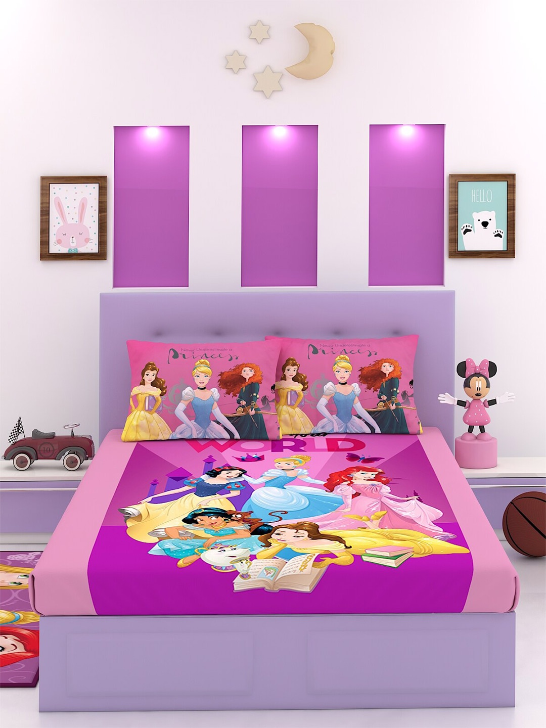 

Disney Pink & Yellow Cartoon Characters 180 TC King Cotton Bedsheet with 2 Pillow Covers