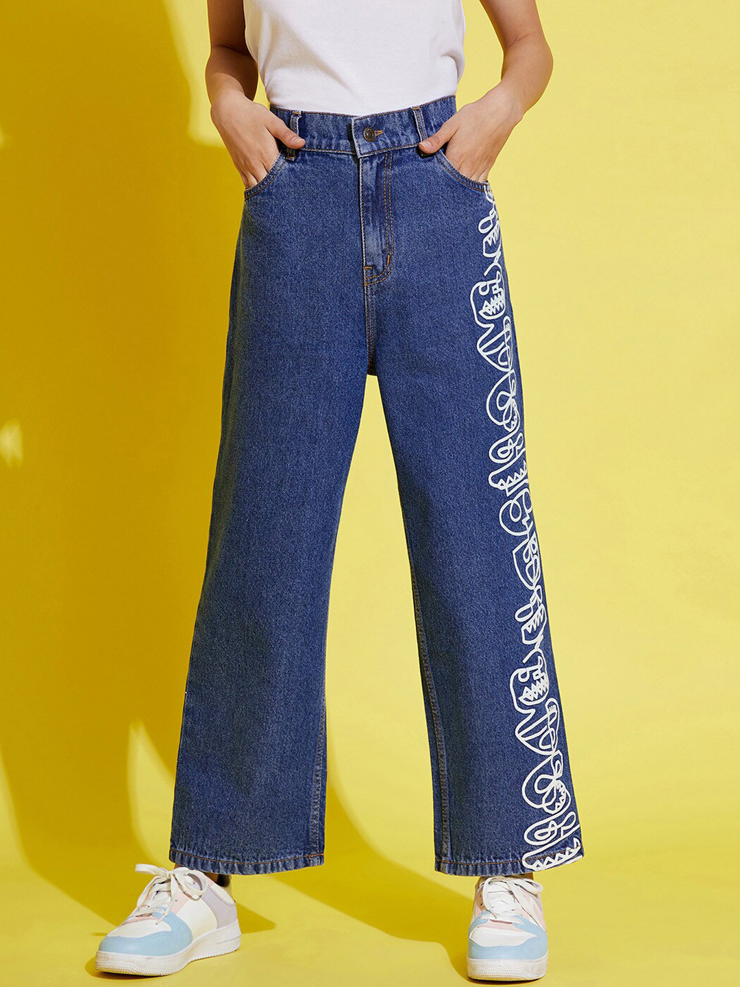 

Noh Voh - SASSAFRAS Kids Girls Blue Comfort Wide Leg High-Rise Printed Jeans