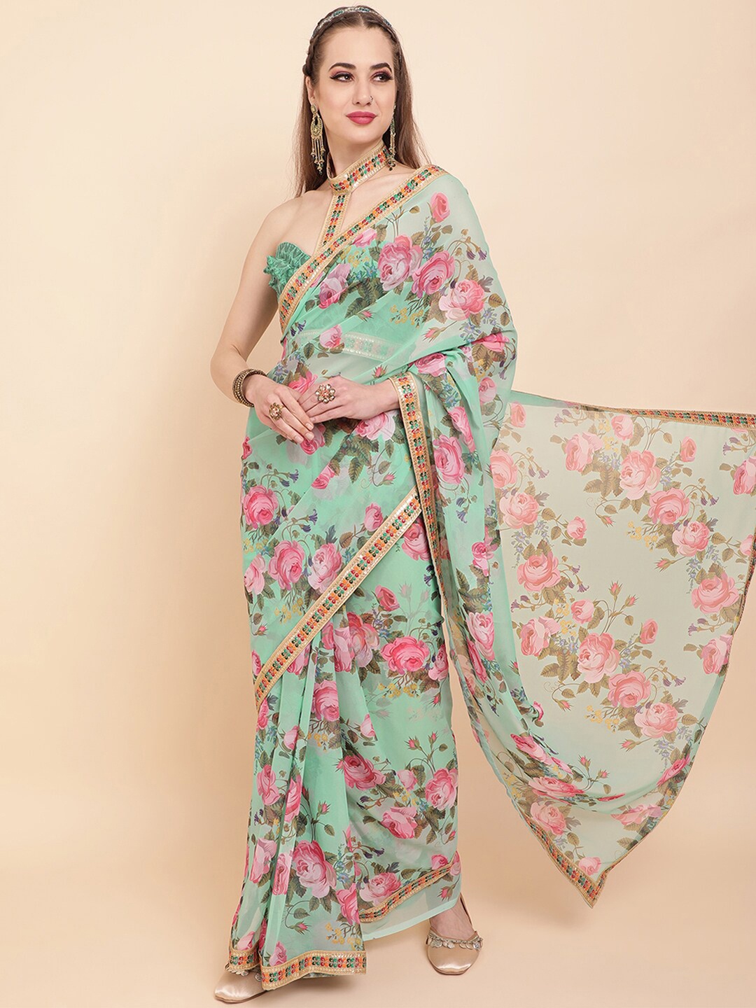 

Sangria Turquoise Blue & Pink Floral Sequinned Pure Georgette Saree