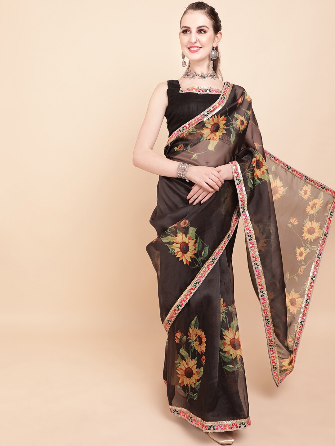 

Sangria Black & Yellow Floral Embroidered Organza Saree