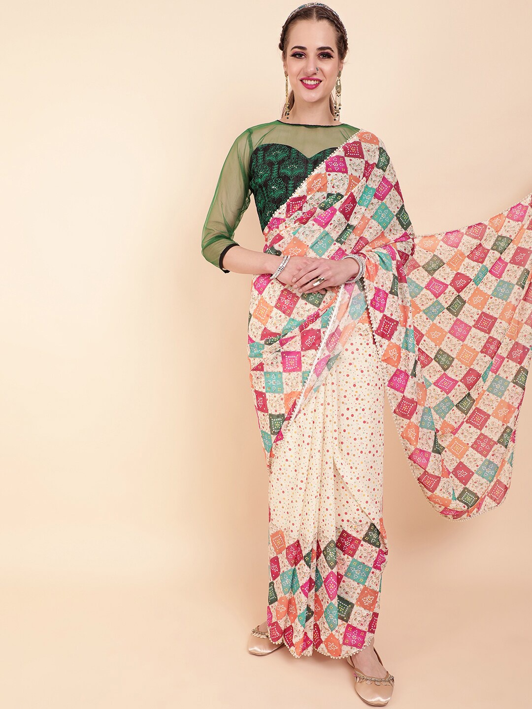 

Sangria Olive Green & Pink Printed Sequinned Pure Georgette Saree