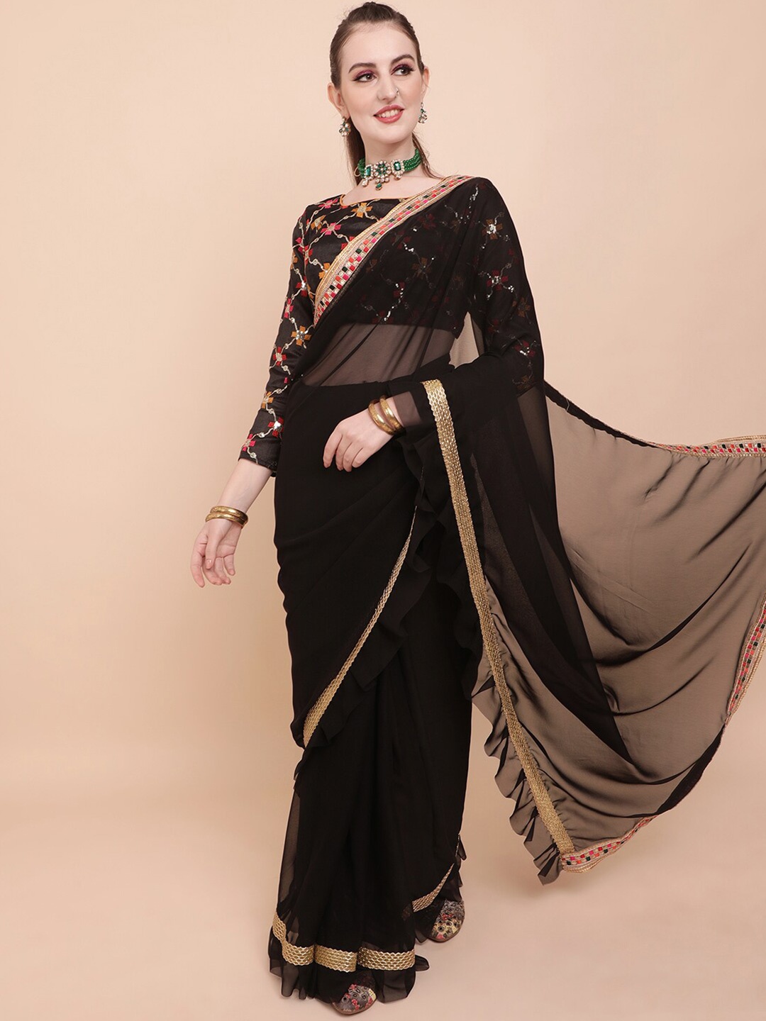 

Sangria Black & Gold-Toned Kutchi Embroidery Pure Georgette Saree