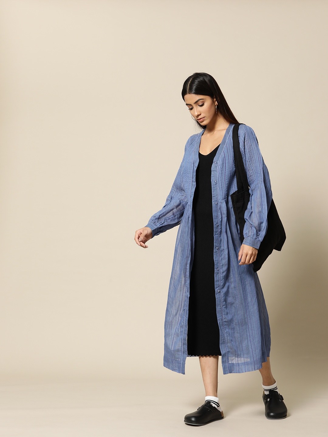 

BOWER Women Blue Cotton Silk Striped Overlay with Pockets