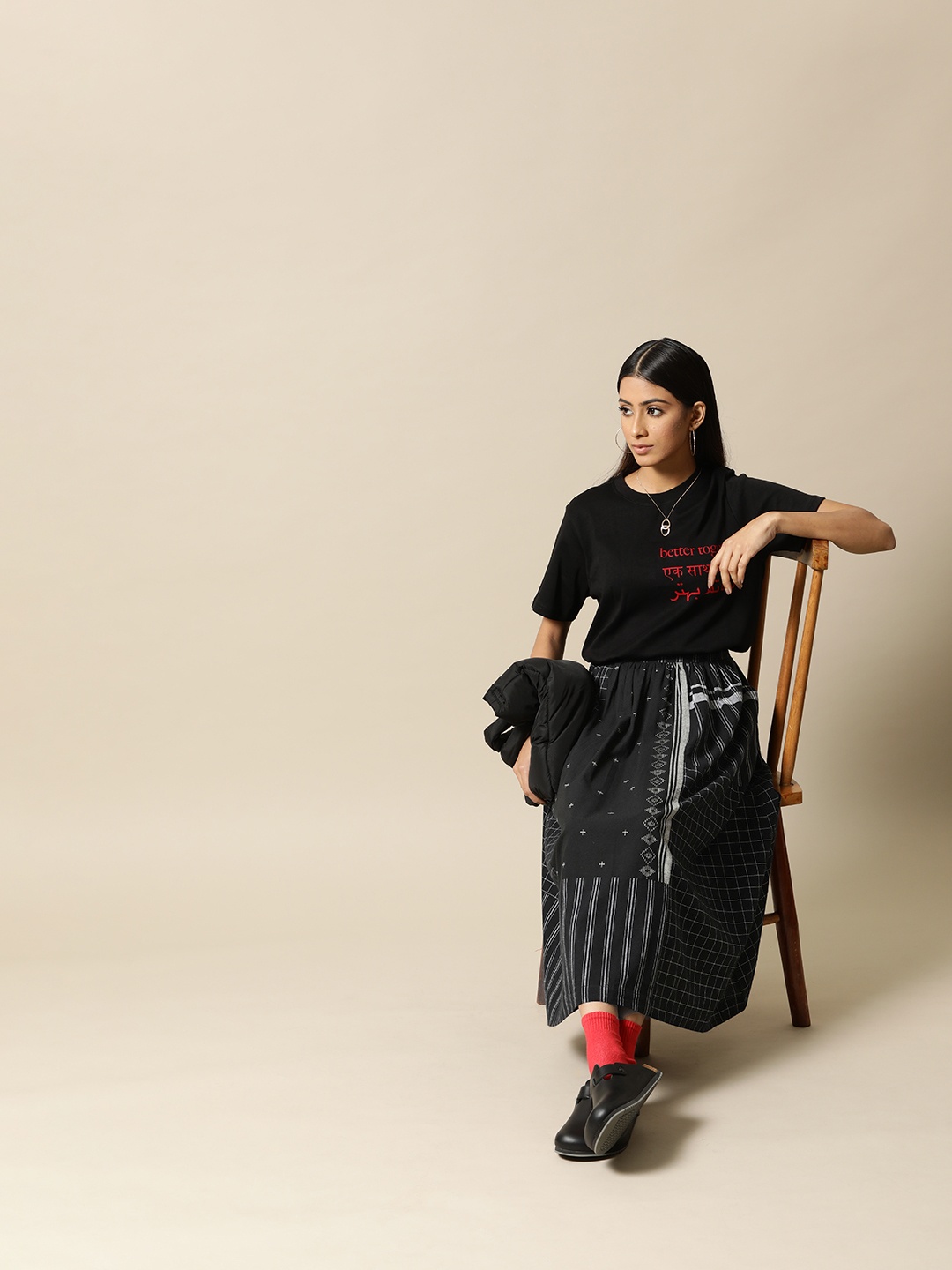 

BOWER Women Black & White Cotton Dobby Patchwork A-Line Skirt