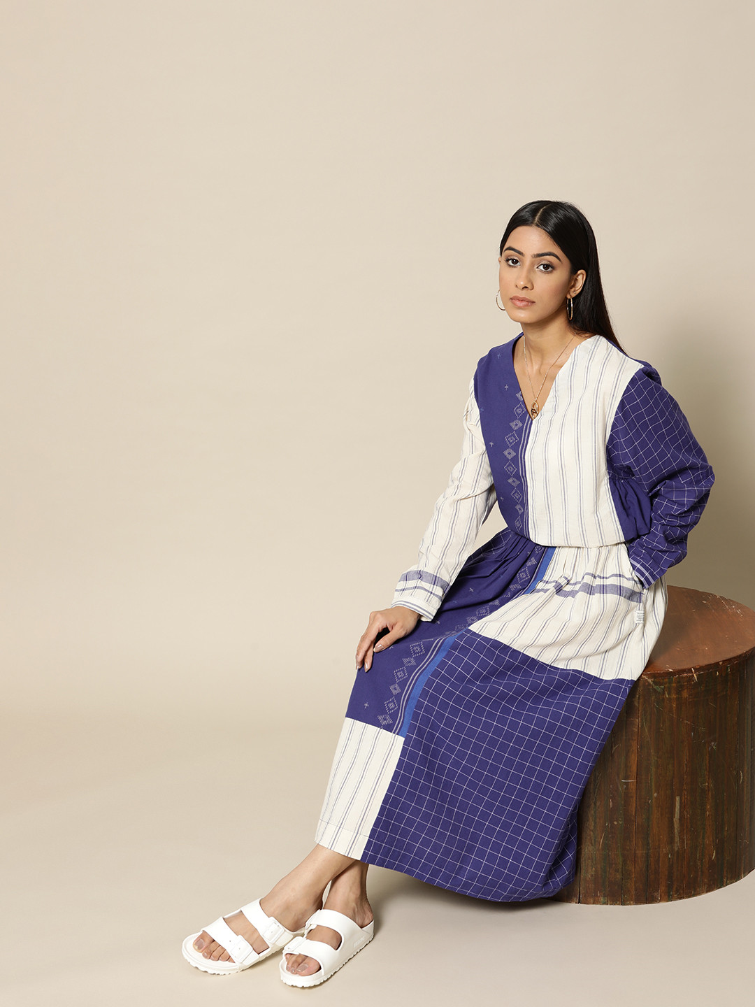 

BOWER Women Navy Blue & Ecru Cotton Dobby Patchwork A-Line Skirt