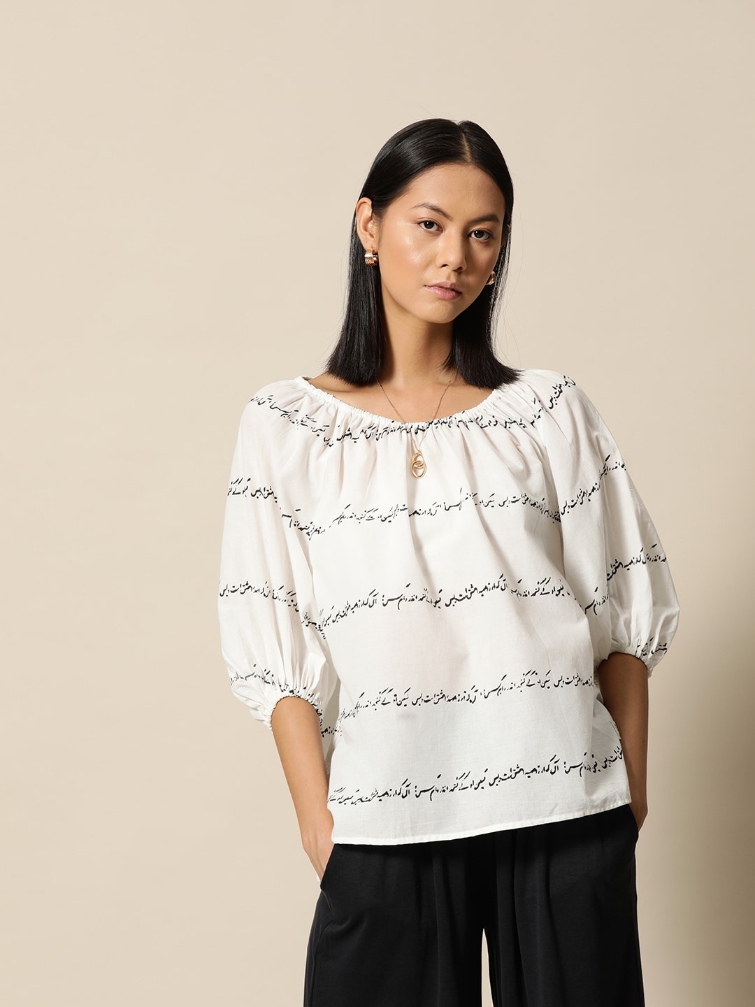

BOWER Women Black & White Rumi Love Hand Printed Pure Cotton Top