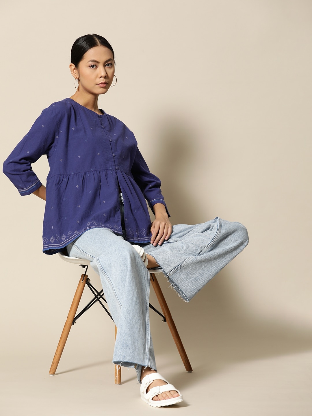 

BOWER Navy Blue Pure Cotton Dobby Weave A-Line Top