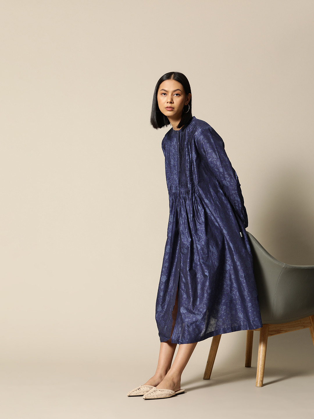 

BOWER Women Navy Blue Pure Cotton Handblock Print A-Line Midi Dress