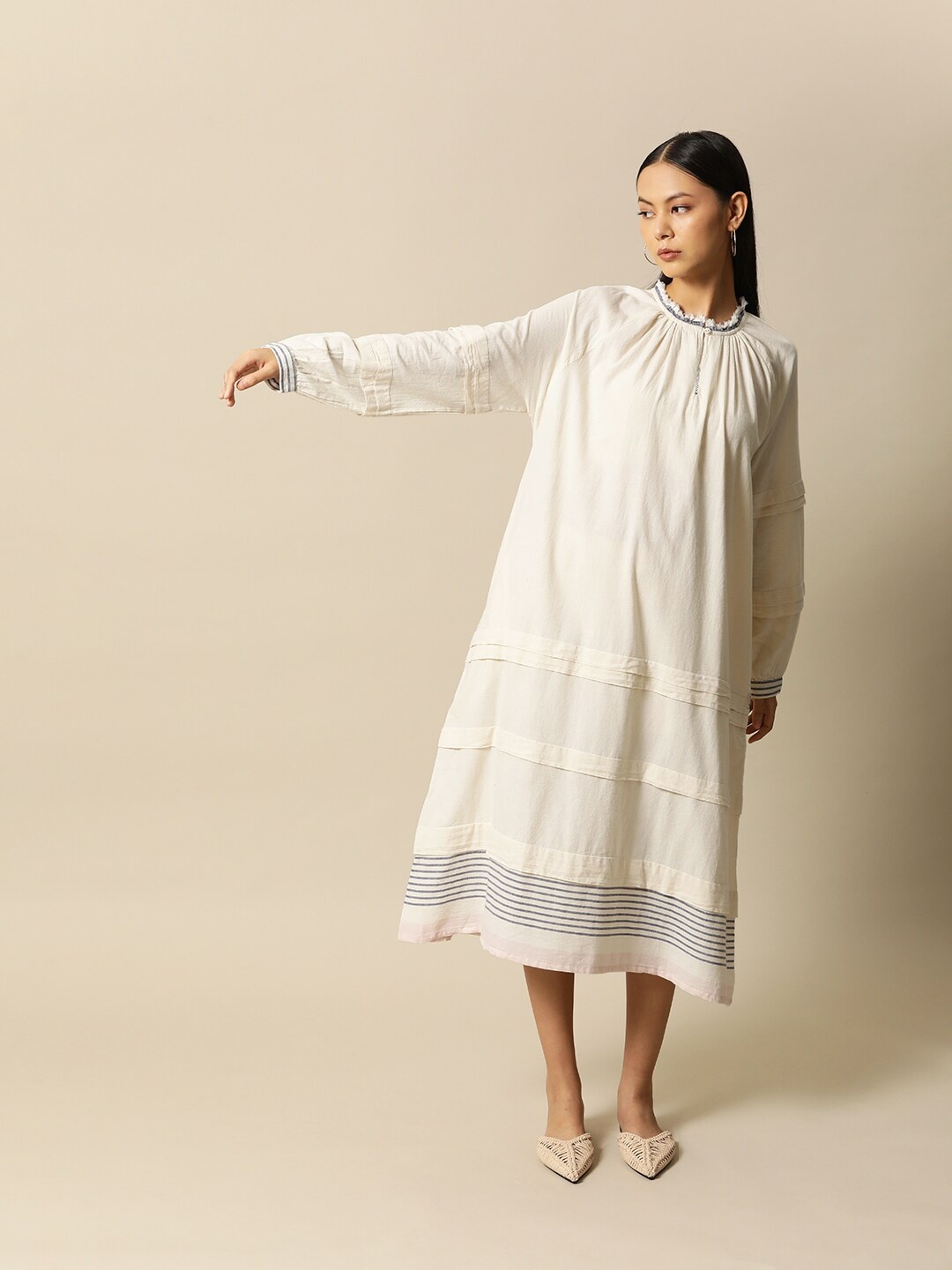 

BOWER Women Off White Solid Premium Cotton A-Line Dress